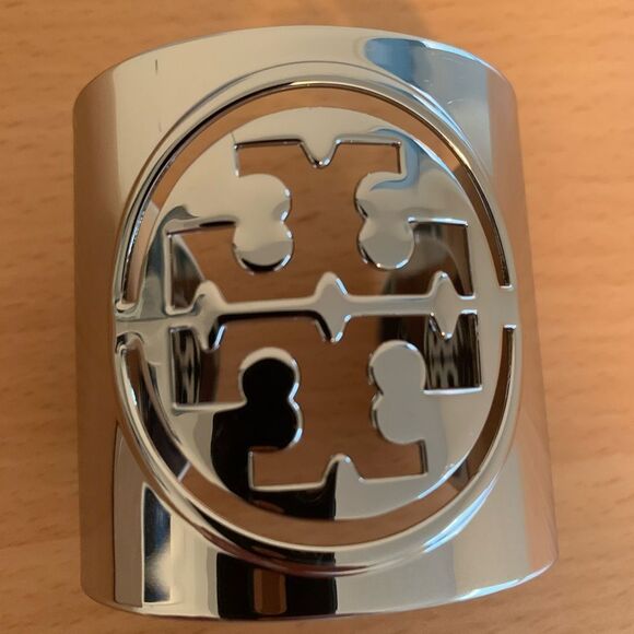 TORY BURCH Wide Open Cuff Bracelet Cut Out Logo Polished Finish Silver Tone - Picture 5 of 5